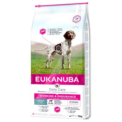 Eukanuba Daily Care dry food for work and endurance, adult from 7 years, all breeds, all weight classes. 15kg pack with 30% protein and 20% fat.