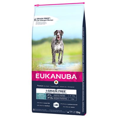 Eukanuba Premium dry food, grain free, for large and very large breeds, rich in sea fish, suitable from 18 months, pack size 3kg.