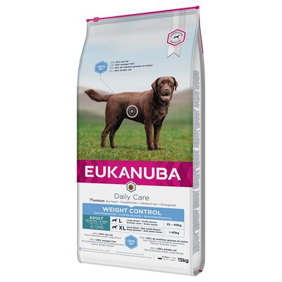 Eukanuba Daily Care Weight Control, premium dry food for large and very large breeds, 15kg, with 30% less fat. Suitable for dogs from 25kg to over 40kg.