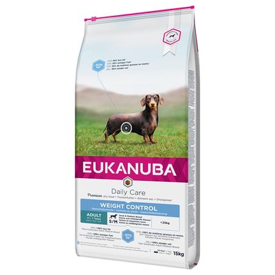 Eukanuba Daily Care dry food for adult small and medium breeds, weight control formula with 30% less fat, suitable for dogs under 25kg, 15kg bag shown.