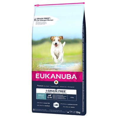Eukanuba Premium dry food, grain free, for small and medium breeds, adult 1-7 years, rich in sea fish, 3kg pack.